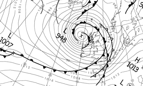 Pressure and weather fronts chart, courtesy Met Office