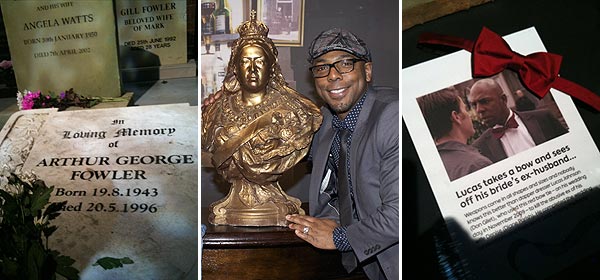 Walford cemetary, Don poses with the Queen Vic bust and Lucas's killer bow tie 