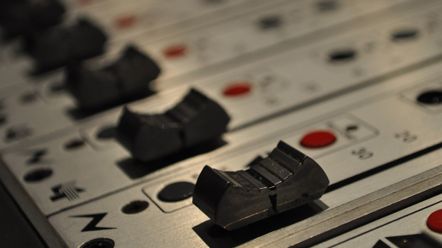 Sound desk in radio studio.