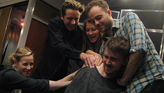 The cast during the recording of Bloody Poetry on BBC Radio 4