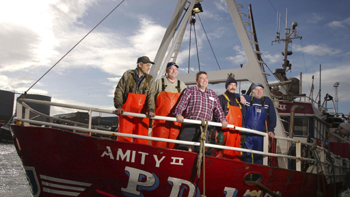 Crew of the trawler, Amity Left to right Nikolajs Afanasenko (Motor man), Kevin O