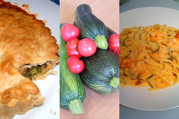 Denise's pie, the courgettes and tomatoes and Laura's pasta