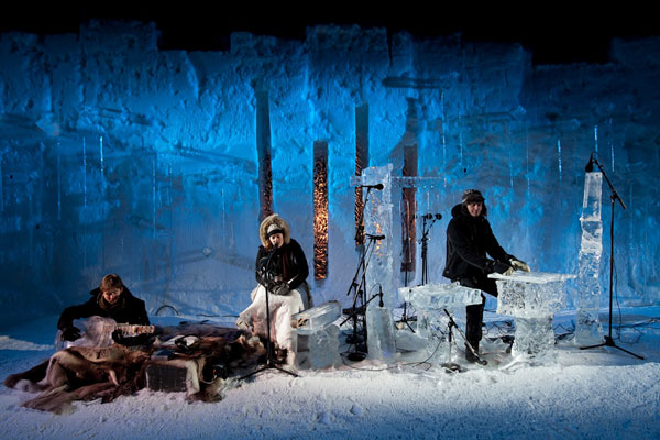 The stage set for a concert - the ice guitar, singer and percussion - at the Norwegian Ice Music Festival.