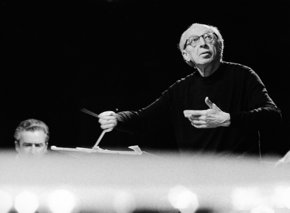 Aaron Copland rehearsing with the London Symphony Orchestra in 1975.