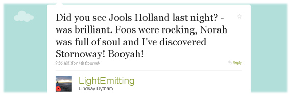 Tweet about Stornoway on Later 4