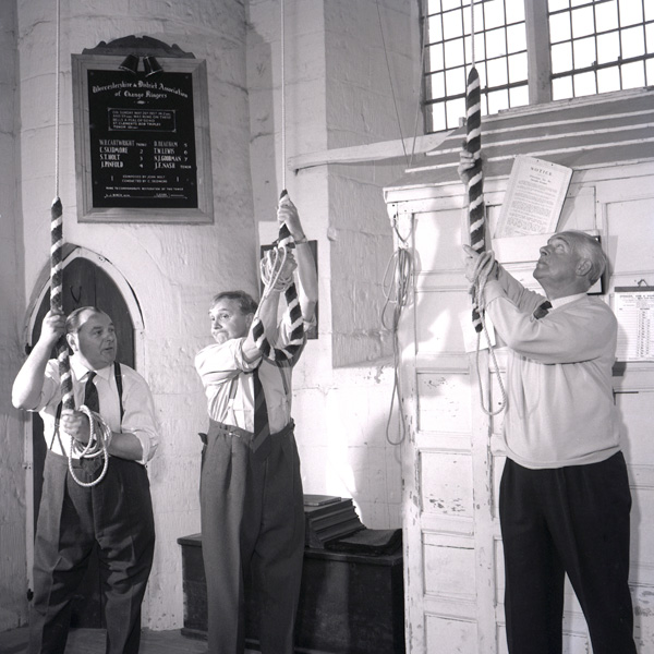 Characters from The Archers bell ringing, 1959.