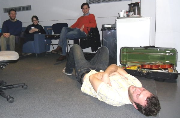 Picture of the Heath Quartet relax before performing live on In Tune