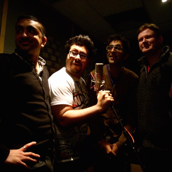 Susheel Kumar, Omar Raza, Sanjeev Kohli and Donald McCleary, the cast of Fags, Mags and Bags on BBC Radio 4