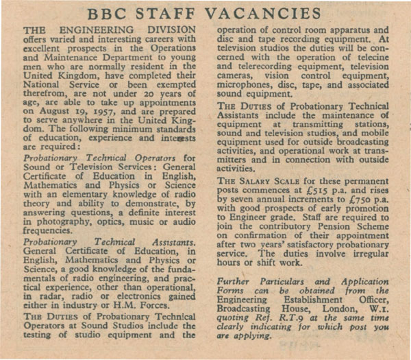 Employment ad in 1957 magazine