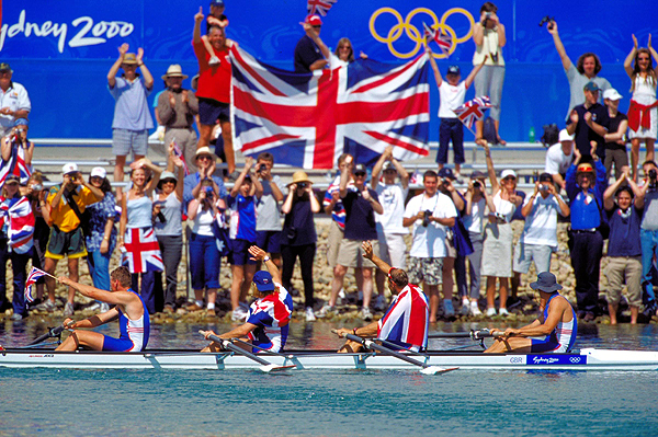 The GB coxless 4's celebrate their victory at Sydney 2000
