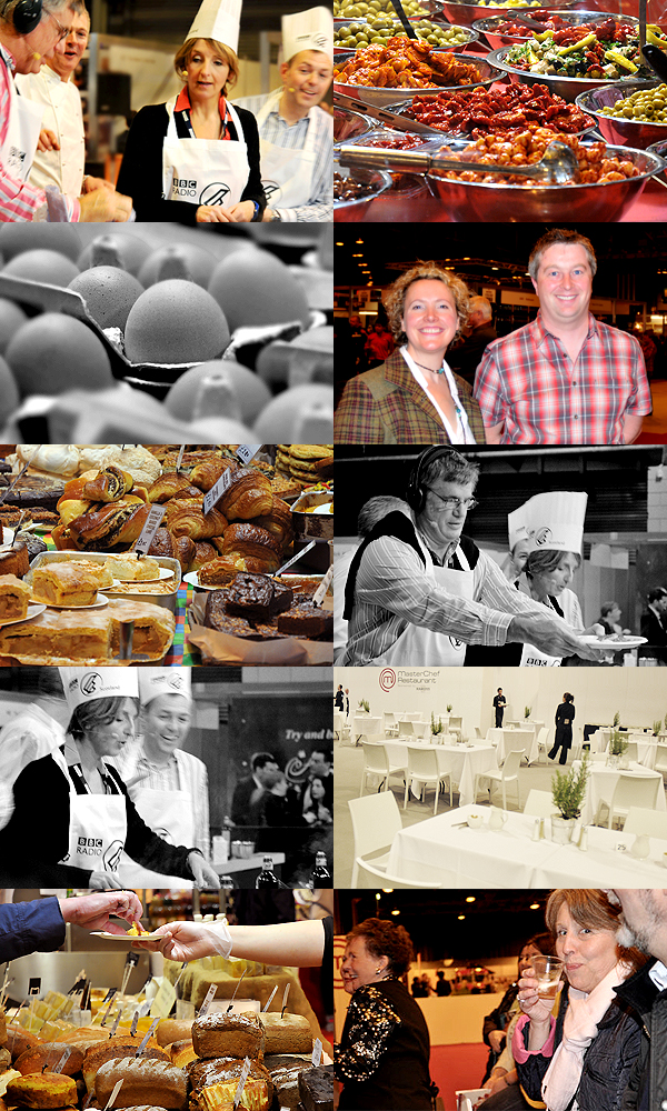 Clockwise from Top Left: John Beattie, Nick Nairn, Kaye Adams and Gary Robertson take part in the BBC Radio Scotland Cook-Off. Olives and Peppers. Kitchen Cafe presenter Pennie Latin with producer Dan Holland. John Beattie offering the audience the results of his Cook-Off. The Masterchef restaurant. A member of MacAulay and Co's audience gets in the mood! Tasty French breads. Kaye Adams in full Cook-Off stride! Pastries. How do you like your eggs? 