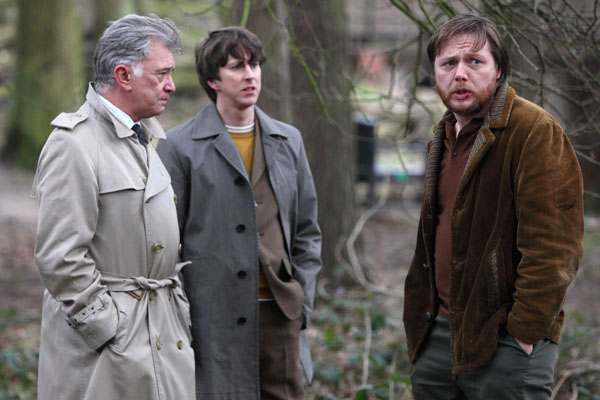 Inspector George Gently, played by Martin Shaw, and Detective Sergeant John Bacchus, played by Lee Ingleby, speak with Darren Paige, played by Shaun Dooley in the first episode of the new series.