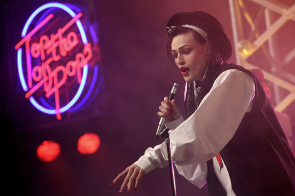 Douglas Booth as Boy George makes his first appearance on Top Of The Pops