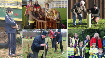 Clockwise from left: planting in the Palestinian West Bank, Leicestershire, Isles of Scilly, Lancashire, Perthshire; courtesy of: FONSA, Margaret Mabey, Bryce Maria, BTCV, Scottish Native Woods