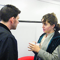 Madeline and Andy from The Strange Undoing of Prudencia Hart going over lines backstage.