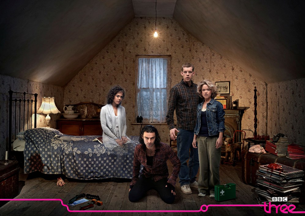 Annie, George, Mitchell and Nina in the attic