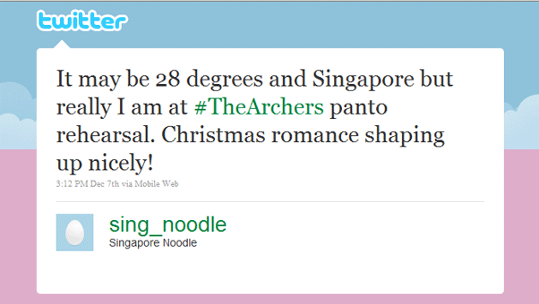 It may be 28 degrees and Singapore but really I am at #TheArchers panto rehearsal. Christmas romance shaping up nicely! 