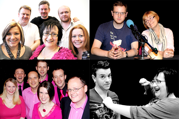 Radio Comedy cast photographs, clockwise form left: No Hard Feelings, SWOTS, Ellis and Clarke, Desperate Fishwives