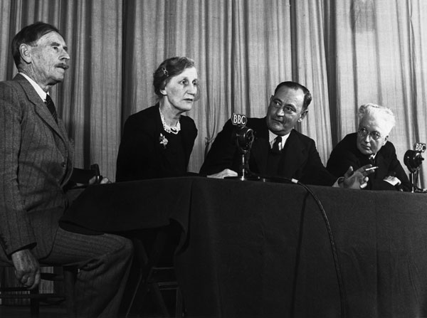 'Any Question' from Taunton. Major Lewis Hastings, Lady Violet Bonham-Carter, Ralph Wightman and St. John Ervine, the team of experts answering questions put to them by members of the audience during the broadcast from the Corfield Hall, Taunton. 1 October 1948