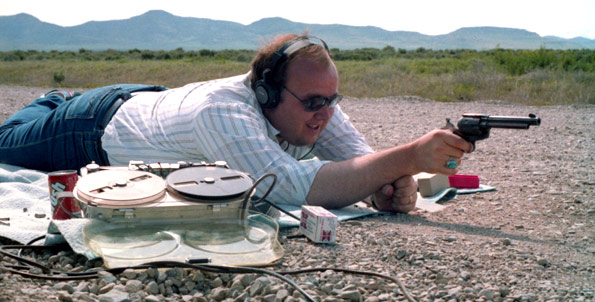 Mike recording gunshots and bullet ricochets in the Utah desert for Bradbury 13 