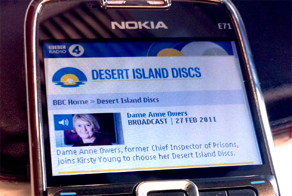 Desert Island Discs website seen on a mobile phone