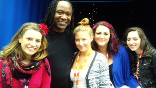 Runners Sophie Stephenson, Rebecca Davies, Maria Smith and Andrea MacKinnon with comedian Reginald D Hunter