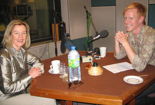 Frida Lyngstad from Abba with Chris Green, playwright, in a Radio 4 studio