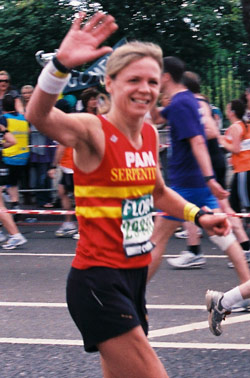 Pam Rutherford, Radio 4 producer, running the London Marathon in support of The Connection at St Martin-in-the-Fields.