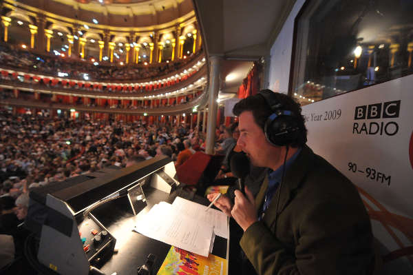 Photo of Petroc Trelawny in the Radio 3 box at the Royal Albert Hall. Photo © BBC Chris Christodoulou