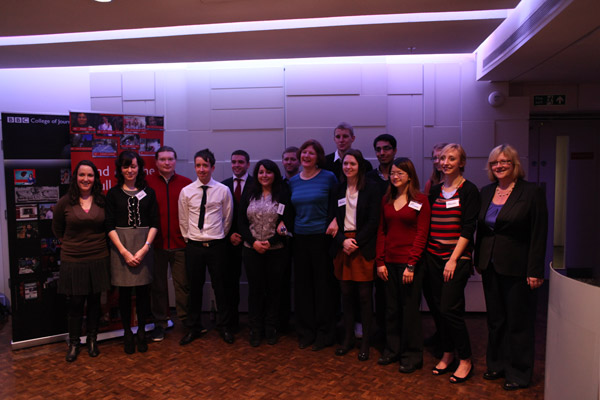 The 2012 intake of journalism trainees are pictured with Ruth Akins (far left), Claire Prosser(far right) and Helen Boaden (centre).
