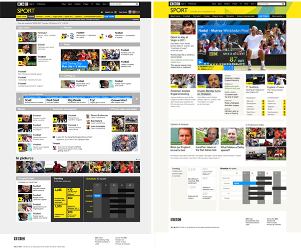 Mocked-up black and yellow designs for the BBC Sport homepage