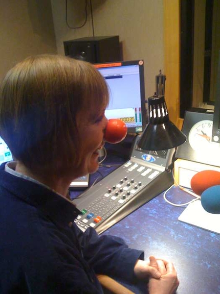 Unnamed announcer wearing her red nose, taken by Rory Cellan-Jones