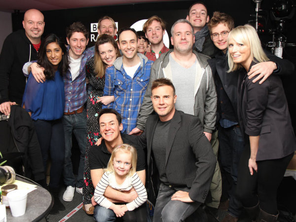 Chris Moyles, Dave Vitty, family and friends at the end of their record-breaking 52-hour show