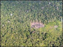 overhead view of deforestation in Colombian part of the Amazon