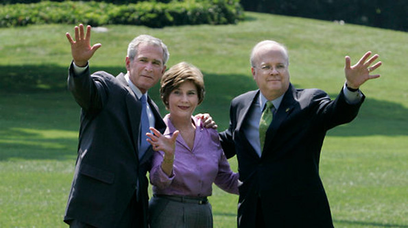 President George W. Bush with Mrs. Laura Bush and Deputy Chief of Staff Karl Rove 