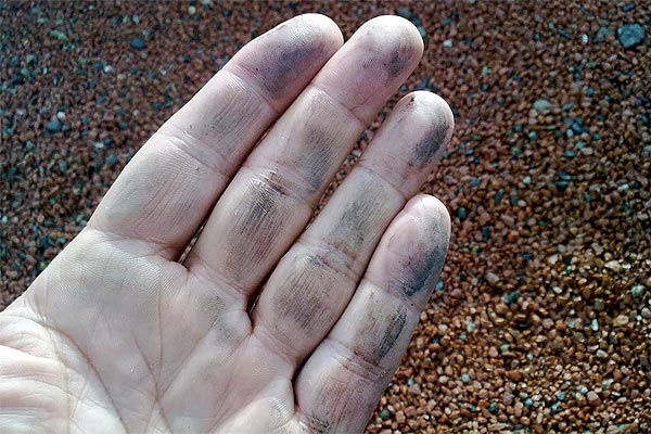 Tom Morton's hand showing volcanic ash from Iceland