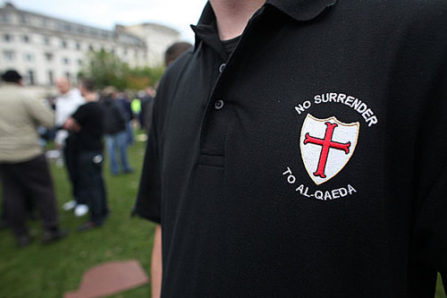Close up of T shirt with motif 'No surrender to al-Qaeda'