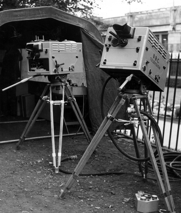 Two of the new C.P.S (Cathode Potential Stabilisation) Emitron cameras prepared for televising the events in the Empire Pool, Wembley, during the 1948 Olympic Games.