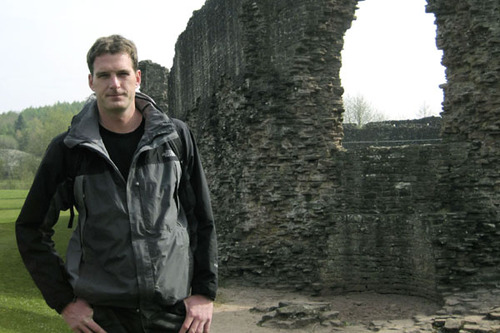 Dan Snow outside the ruins of Skenfrith castle in Gwent, Wales