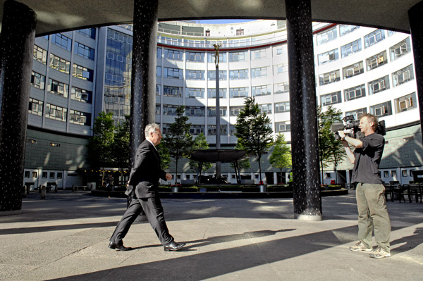 Sir Michael Lyons on his first morning as BBC Chairman outside the BBC Television Centre in Shepherd's Bush, London.