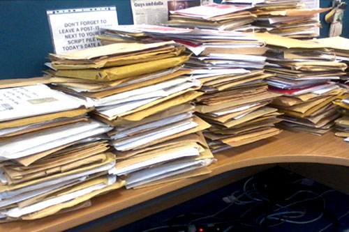 Scripts piling up in the BBC writersroom office.