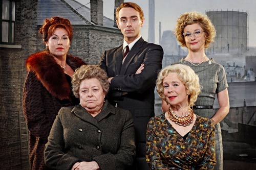 Back row: Jessie Wallace as Pat Phoenix, David Dawson as Tony Warren and Jane Horrocks as Margaret Morris. Front row: Lynda Baron as Violet Carson and Celia Imrie as Doris Speed.