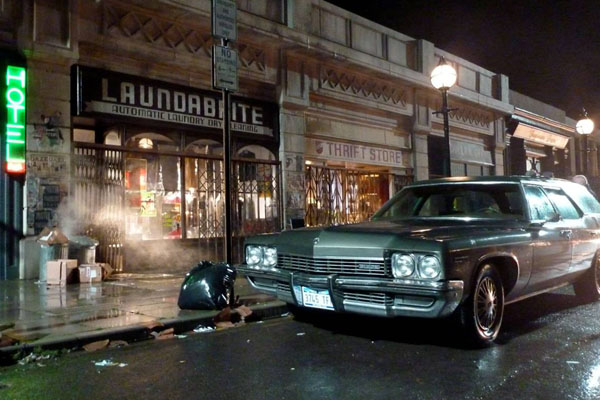 The Pinewood set complete with period props and car and CGI to recreate downtown Manhattan
